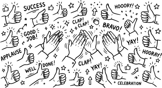 Clapping hands. non Colorful doodle hands clapping and giving thumbs up, appreciation and approval concept. Applause claps for celebration of success hand drawn vector illustration.