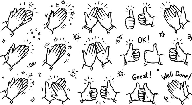 Clapping hands. non Colorful doodle hands clapping and giving thumbs up, appreciation and approval concept. Applause claps for celebration of success hand drawn vector illustration.