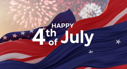 Fototapeta premium Happy 4th of July text overlay on waving American flag with fireworks in background, patriotic celebration concept, vibrant colors, festive atmosphere, digital art