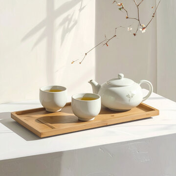 
A hot cup of green tea with a porcelain teapot and a mug of black coffee on a white cafe table during breakfast