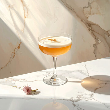 
A cold glass of wine and champagne cocktail with fresh orange and lemon fruits sits on a bar table for a wedding beach party celebration