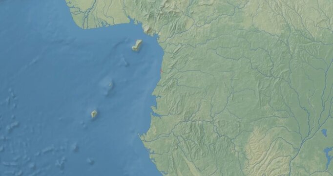 Equatorial Guinea on Globe. Zoom into the country with Earth spinning on dark background. Physical world map with Equatorial Guinea and label on it. Country view animation.