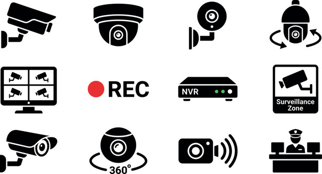 Security and Surveillance Icons Vector Illustration Set with Cameras, Dome Camera, 360 Camera, Monitor, Recording Indicator, NVR Device, Surveillance Zone Sign, Wireless Signal, and Security Officer f