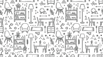 Naklejka premium Whimsical Black and White Doodle Pattern of Houses, Trees, and Lamps.
