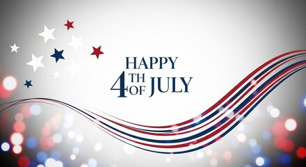 Obraz premium Happy 4th of July text with red white and blue stars and wavy stripes on a bokeh background, patriotic American holiday celebration graphic design