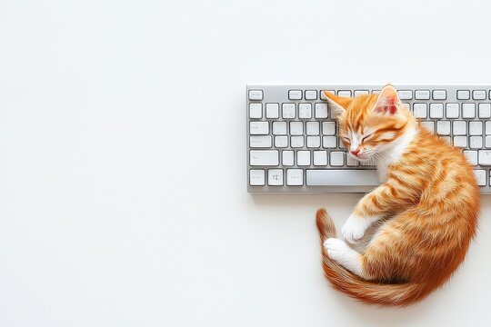 Adorable ginger kitten curled up beside a computer keyboard, peaceful and relaxed.