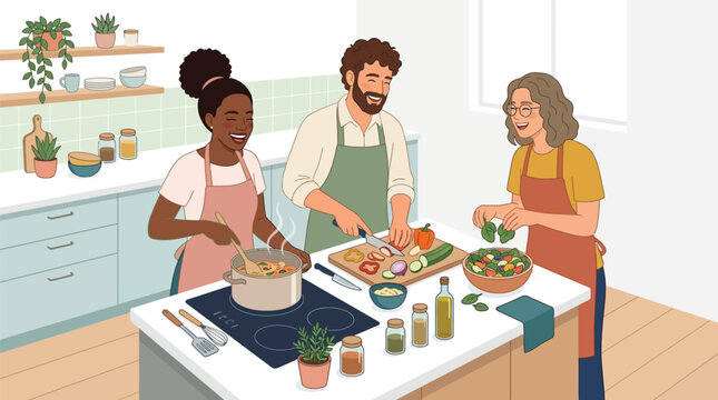 Diverse friends cooking healthy meal in modern kitchen flat 2D vector illustration featuring Black woman stirring pot, man chopping vegetables, and woman tossing salad.