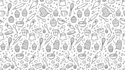 Fototapeta premium Monochrome seamless pattern featuring assorted drinkware and beverage containers for graphic design projects.