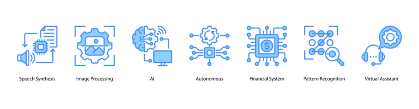 AI Essentials web banner icon vector illustration featuring Speech Synthesis, Image Processing, AI, Autonomous, Financial System, Pattern Recognition, and Virtual Assistant.
