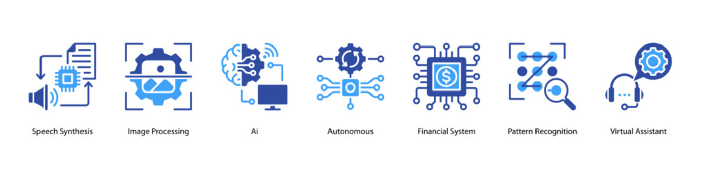 AI Essentials web banner icon vector illustration featuring Speech Synthesis, Image Processing, AI, Autonomous, Financial System, Pattern Recognition, and Virtual Assistant.