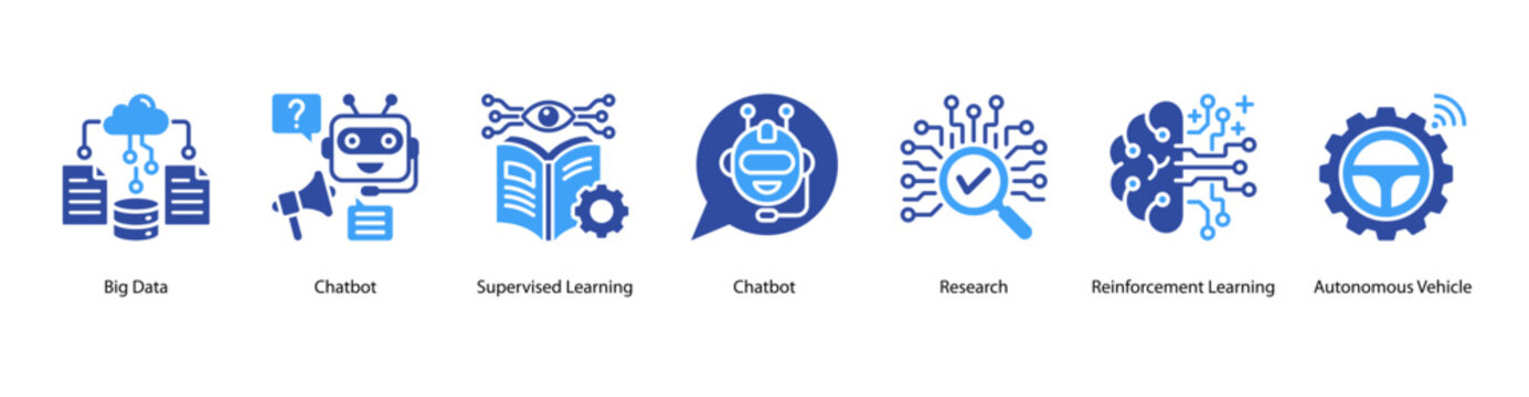 Data and Learning web banner icon vector illustration featuring Big Data, Chatbot, Supervised Learning, Research, Reinforcement Learning, and Autonomous Vehicle.
