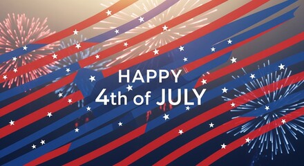 Fototapeta premium Happy 4th of July greeting with red white and blue stripes and stars overlaying fireworks display in a festive patriotic celebration graphic design