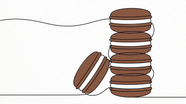 A minimalist illustration of a stack of chocolate macarons with cream filling, artfully arranged on a white background, showcasing a delicate and simple design