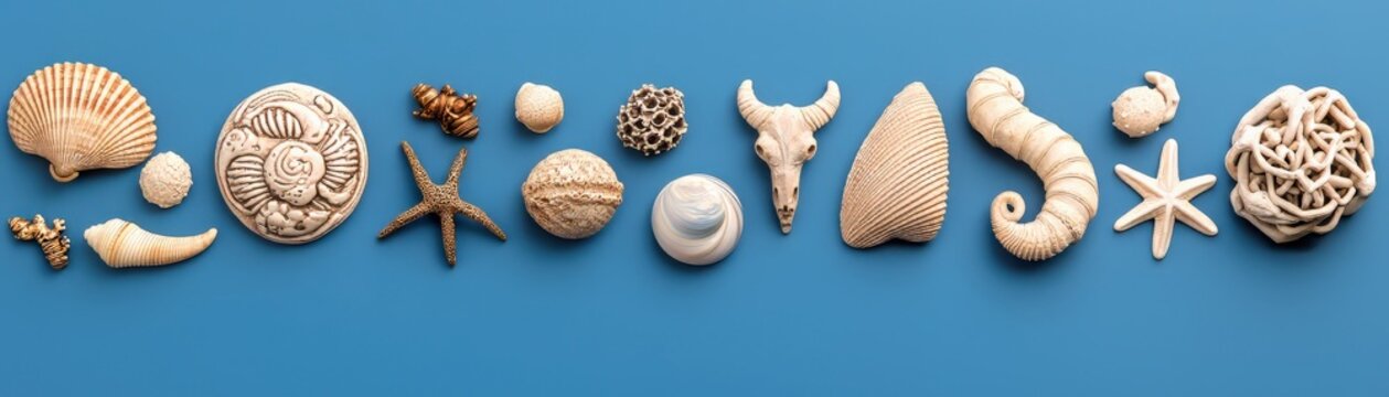 Collection of various shells and marine fossils on a blue background.