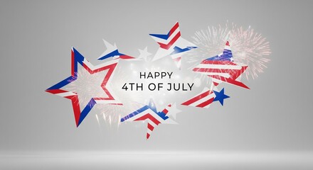 Fototapeta premium Happy 4th of July text with patriotic stars and fireworks on a light gray background, festive celebration concept, digital art