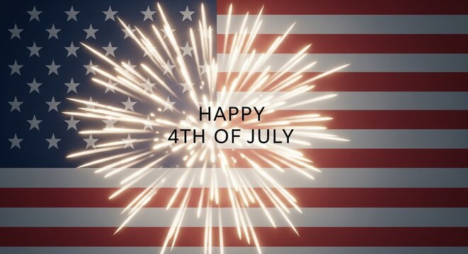 Happy 4th of July text overlay on American flag background with bright white fireworks exploding in celebration of Independence Day holiday event