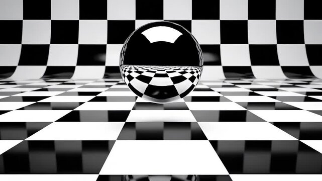 Abstract Chrome Sphere Reflecting Checkerboard Pattern on a Curved Surface.