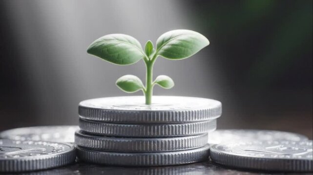 Plant Growing on Stacked Coins Money.