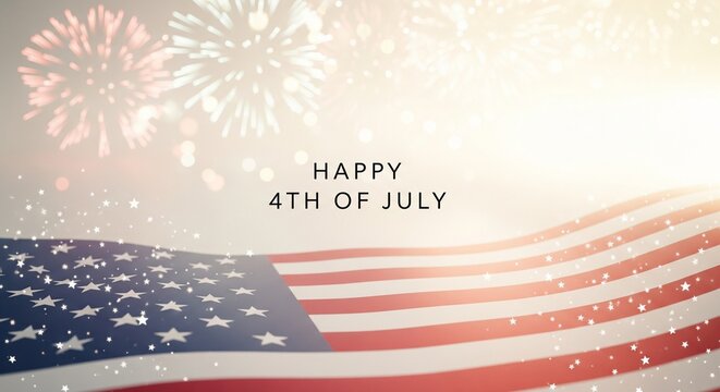 American flag waving with fireworks and stars in the background, celebrating Independence Day with a festive and patriotic atmosphere, bright and celebratory mood.