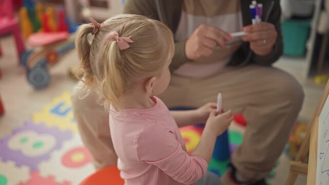 Girl accepts marker from man at an easel in a colorful preschool playroom building; learning warmth bonding.