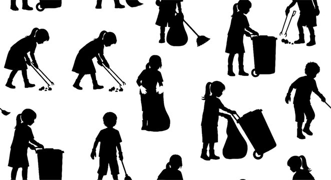 Silhouettes of Various People Engaged in Cleaning Activities.