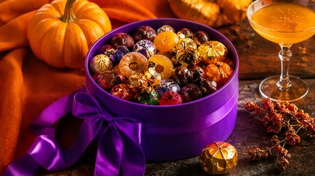 Purple gift box filled with assorted candies and chocolate with autumn pumpkins for holiday party invitation and seasonal advertising