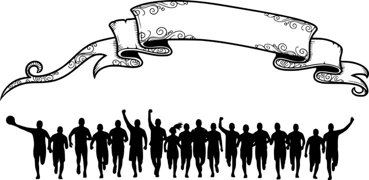 Sports Athletes Running with Ribbon Banner Silhouette Vector. Fitness Marathon Victory and Active Competition Frame on White Background.