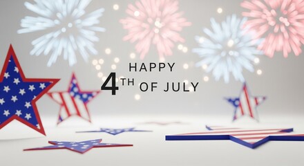 Obraz premium Happy 4th of July patriotic stars and fireworks celebration graphic with American flag motifs and bokeh lights in a festive holiday theme, abstract background.