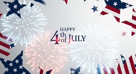 Obraz premium Happy 4th of July greeting with American flag stars and fireworks explosions on a light gray background, festive patriotic celebration concept, digital illustration