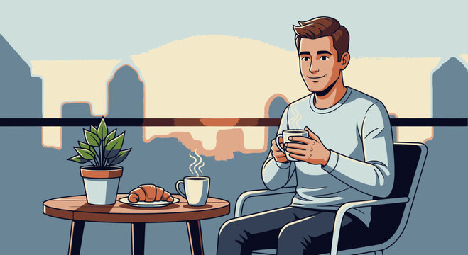 Man enjoying coffee outdoors with cityscape background cartoon illustration