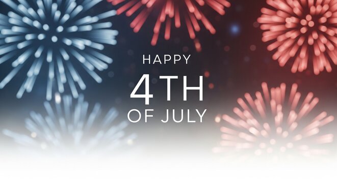 Happy 4th of July text overlay on a blurred background of red and blue fireworks exploding in the night sky with bokeh lights and a soft white gradient at the bottom.