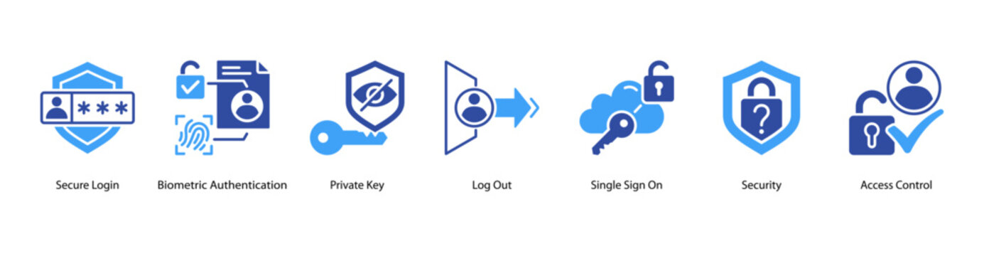 Secure Entry web banner icon vector illustration featuring Secure Login, Biometric Authentication, Private Key, Log Out, Single Sign On, Security, and Access Control.