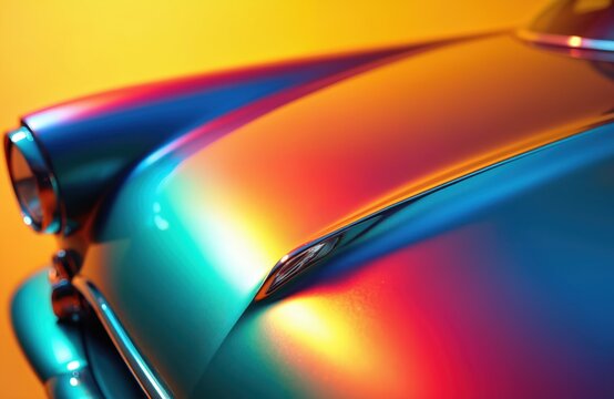 Close up of shiny classic car hood with vibrant blue and orange reflections. Sleek metallic paint curves, showing vintage automotive design detail. Abstract background highlights glossy vehicle.