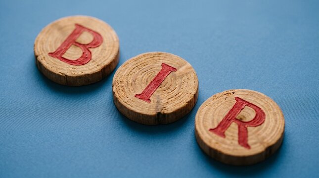 Round wooden tokens arranged diagonally spell BIR on a blue surface with open copy space.