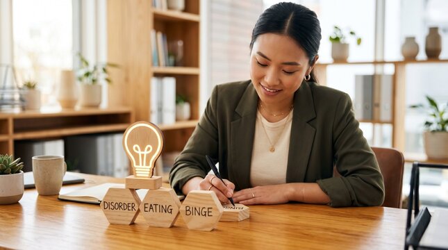 Professional woman sits at a table with a glowing bulb and a sign about binge eating in a bright office kitchen.