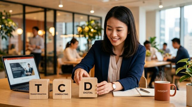 Consultant arranges TCD letter blocks on a desk in a modern office during a business meeting.