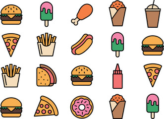 Fast Food and Sweet Dessert Line Icon Collection Featuring Hamburger Pizza French Fries Hot Dog Donut Taco and Popsicle Vector Graphic Elements © Lutfar