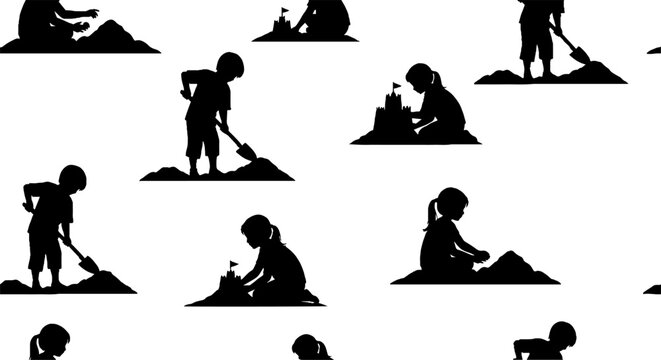 Silhouettes of Children Playing and Digging in Dirt Patterns.