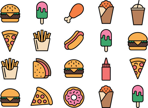 Fast Food and Sweet Dessert Line Icon Collection Featuring Hamburger Pizza French Fries Hot Dog Donut Taco and Popsicle Vector Graphic Elements