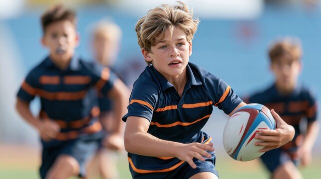Young boy running with rugby ball during a match on the field.