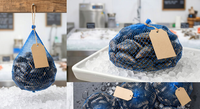 Raw Fresh Mussels in Blue Mesh Bag Packaged on Ice Bed with Blank Craft Paper Tag Mockup
