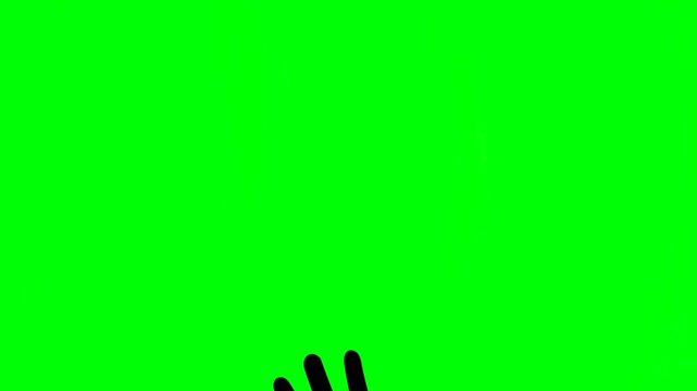 Animated black hand silhouette waving on green screen. Hello or goodbye gesture motion graphic video element with chroma key background. Waving hand palm slide down animation.