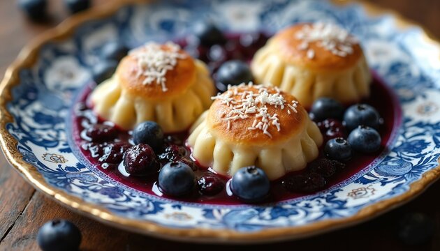 Three sweet blueberry pierogi served on ornate plate. Dumplings in berry sauce with fresh blueberries and grated topping. Delicious Polish dessert.