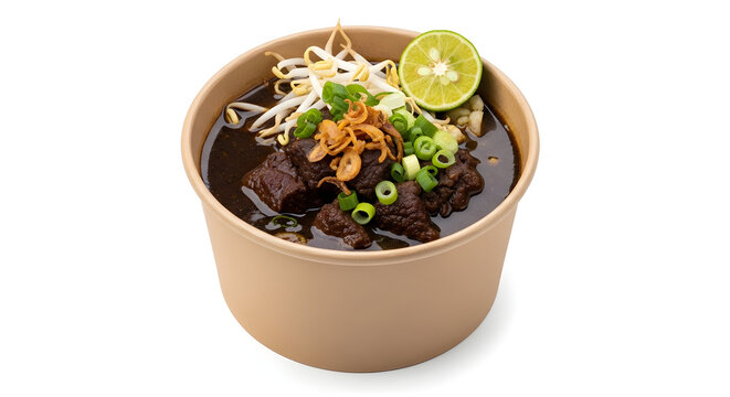 Rich Indonesian Rawon Black Beef Soup in Takeaway Paper Bowl