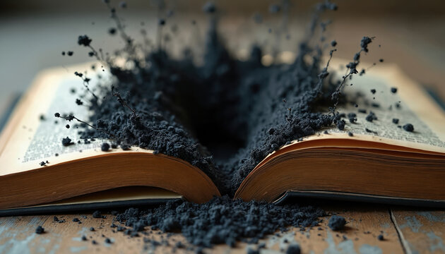 Old open book with pages turning into dark dust and small branches. Concept of lost knowledge or decaying information. Dark particles fly from center outwards.
