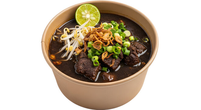 Indonesian Rawon Black Beef Soup in Takeaway Bowl Isolated