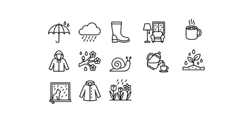 Icon set collection of rainy day essentials, autumn weather comfort, gardening water drops, cozy indoor relaxation, and storm elements. © Raka Firdaus 