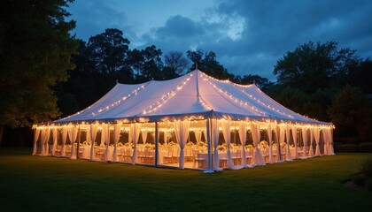 Obraz premium Elegant white tent set up for a reception on grassy lawn at night. Clear walls reveal tables, chairs, and floral decor. String lights create a warm festive atmosphere.