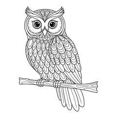 Fototapeta premium Intricate black and white line art illustration of a majestic owl perched on a tree branch.