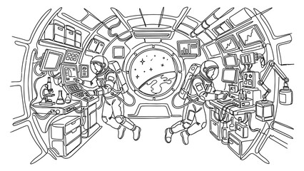 Obraz premium Astronauts working in spacecraft control room.